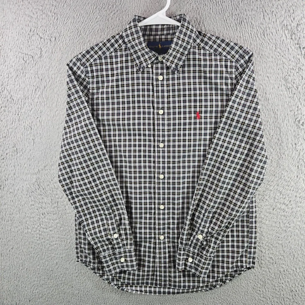 Ralph Lauren Boys‎ Large 14-16 Plaid Button Down Shirt Navy Green Cotton Pony